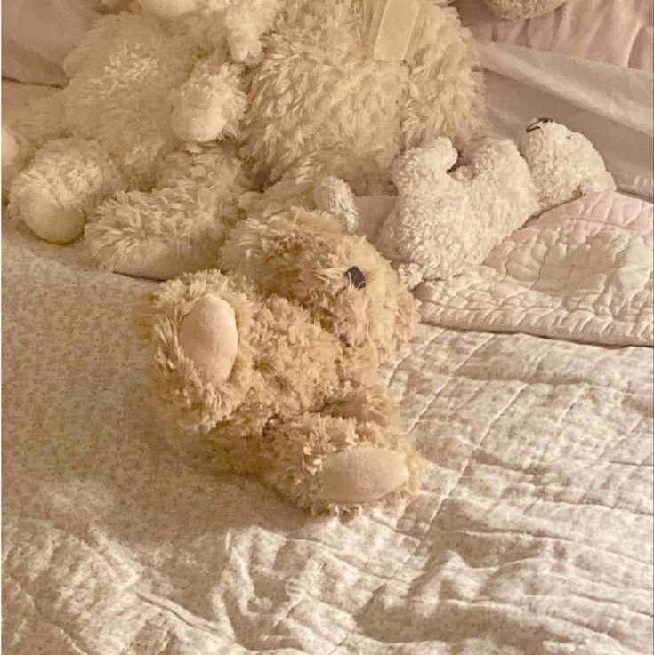 two teddy bears are laying on the bed