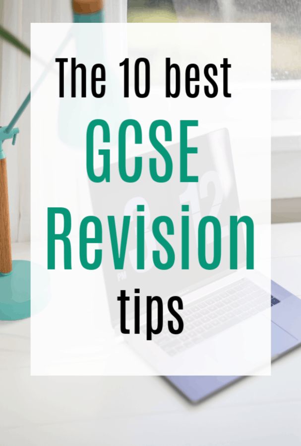 a laptop computer sitting on top of a white desk next to a window with the words, the 10 best gcse revison tips