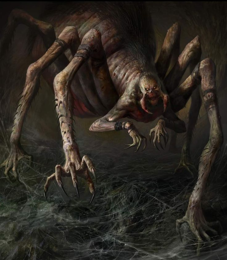 an illustration of a giant spider crawling through the water with its legs spread out and claws outstretched