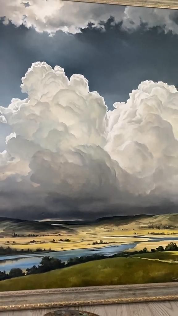 an oil painting of clouds over a field