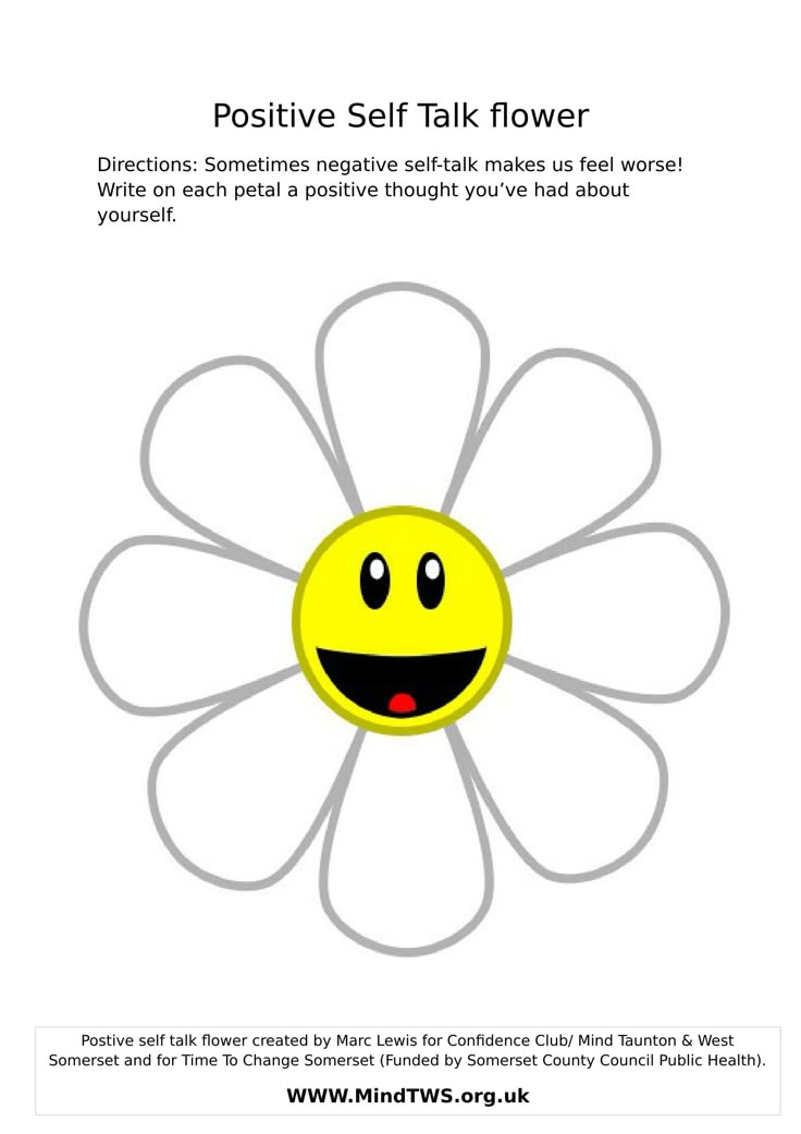 a flower with a smile on it's face and the words positive self talk hover