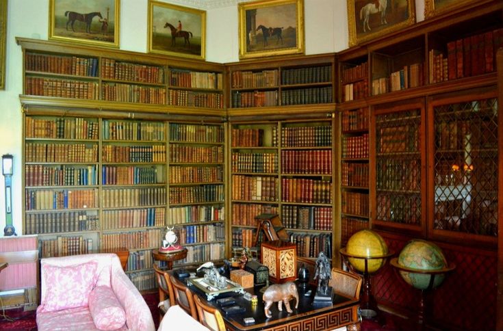 a room with many bookshelves filled with different types of books and antiques on the walls