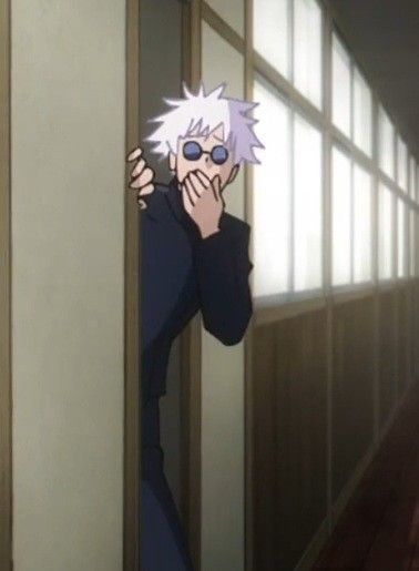 an anime character is peeking out from behind a wall with his hand on his face