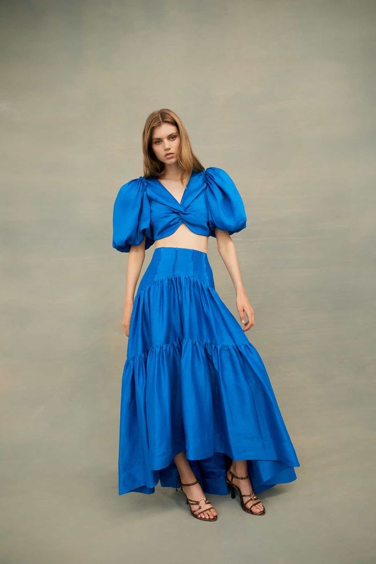 Reverb Gathered Midi Skirt | Cobalt Blue | Aje Aje Dress, Blazer Pattern, Tiered Midi Skirt, Puff Sleeve Crop Top, Full Length Skirts, Fall 2022, Cropped Style, Linen Women, Cropped Top