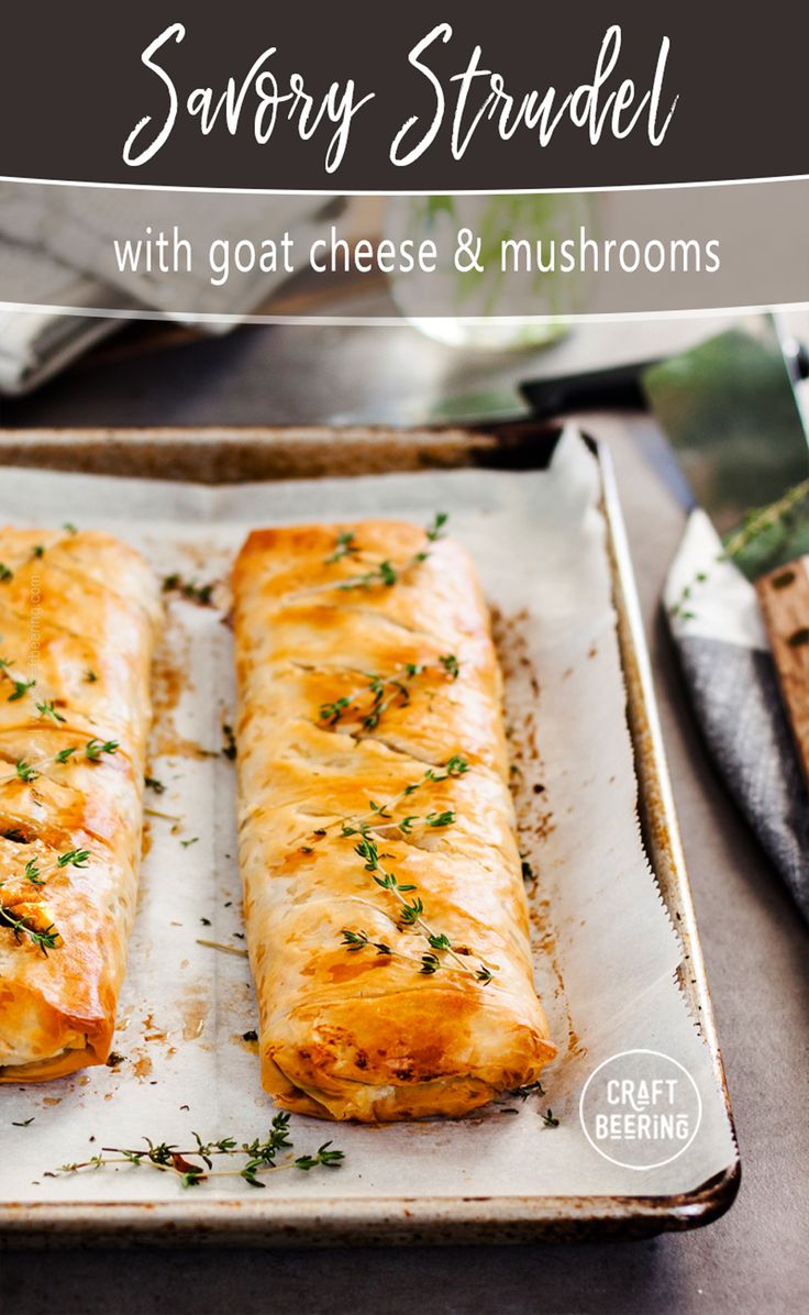 some food is sitting on a tray with the words savory strudel