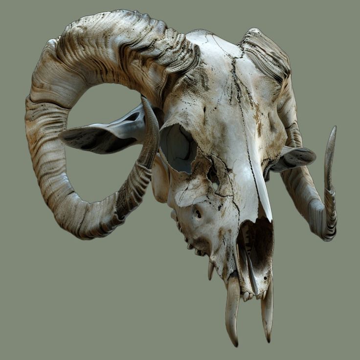 an animal skull with long horns and large curled horns