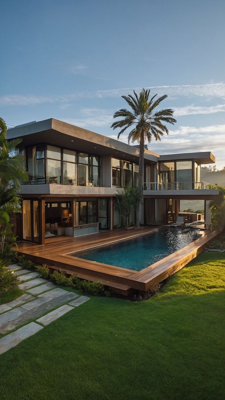 a house with a pool in the middle of it and palm trees on both sides