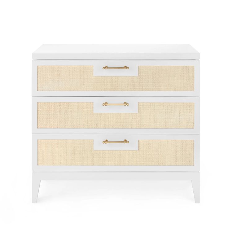 a white dresser with two drawers and gold pulls on the bottom drawer, against a white background