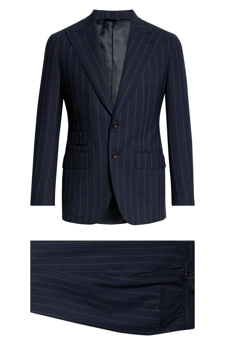 Pinstripes point up the precision tailoring of this structured suit cut from sumptuous wool in a single-breasted silhouette and framed with wide peaked lapels. Jacket has two-button closure; peaked lapels; four-button cuffs; chest welt pocket; front flap pockets; ticket pocket Trousers have zip fly with button-tab closure; front slant pockets; back button-welt pockets; adjustable waist Jacket is partially lined Trousers are unhemmed 100% wool Dry clean Made in Italy Designer Clothing Tailored Notch Lapel Blazer With Vertical Stripes, Tailored Striped Double Breasted Suit For Business Casual, Luxury Striped Blazer With Notch Lapel, Tailored Striped Double-breasted Suit For Business Casual, Elegant Pinstripe Suit With Suit Collar, Striped Double Breasted Suit With Notch Lapel, Notch Lapel Suits With Vertical Stripes For Business Casual, Striped Wool Blazer With Notch Lapel, Luxury Striped Suits For Office