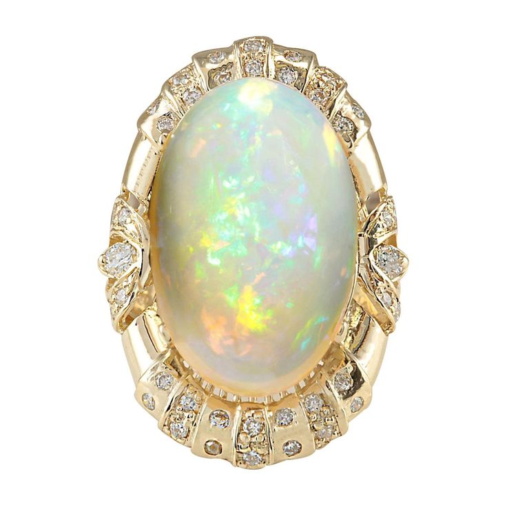 Stamped: 14K Yellow Gold Total Ring Weight: 10.9 Grams Total Natural Opal Weight is 14.48 Carat (Measures: 20.00x14.00 mm) Color: Multicolor Total Natural Diamond Weight is 0.50 Carat Color: F-G, Clarity: VS2-SI1 Face Measures: 28.80x20.40 mm Sku: [702193W] Fancy Yellow Diamond Ring, Opal Statement Ring, Top Engagement Rings, Platinum Diamond Engagement Rings, Yellow Diamond Rings, Fancy Yellow Diamond, Yellow Gold Diamond Ring, Zero Tolerance, Diamond Cocktail Rings