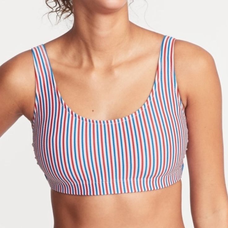 Old Navy Red White And Blue Striped Bikini. Summer Red Tops With Bra-friendly Design, Striped Tops For Beach Season, Red Tops For Summer Poolside, Red Tops For Poolside Summer, Red Summer Top For Poolside, Red Bra-friendly Tankini For Summer, Red Summer Tops For Poolside, Red Beachwear Tops For Poolside, Red Tops For Poolside And Beach Season