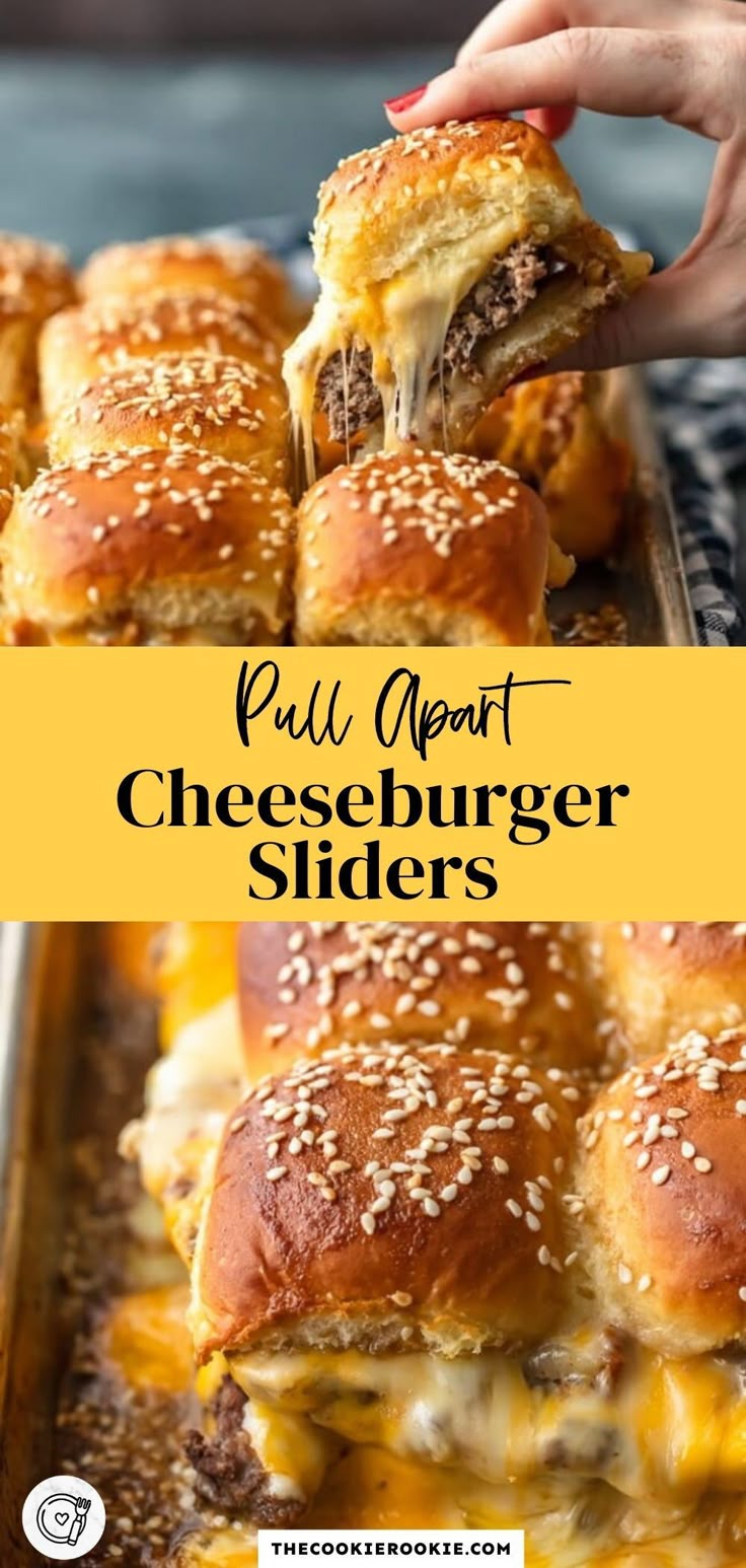 cheeseburger sliders on a baking sheet with text overlay