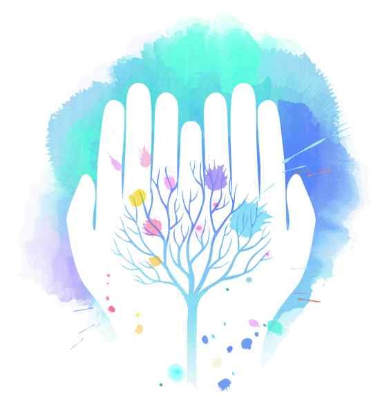 two hands holding a tree with colorful leaves on it and watercolor splashes around the palm