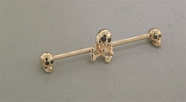 Yellow Gold Industrial Skull n Cross Bones Skull Industrial Piercing, Skull With Cross Bones, Luxury Gold Skull Jewelry, Gold Skull Collectible Jewelry, Body Vision Los Angeles, Vintage Gold Skull-shaped Jewelry, Cross Bones, Precious Metal, Precious Gems