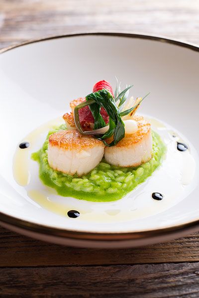 a white plate topped with scallops covered in green sauce and garnish