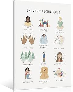 a white canvas with the words calming techniques written in different languages and pictures on it