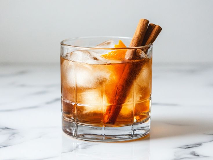 an old fashioned drink with cinnamon sticks in it on a marble countertop, ready to be served