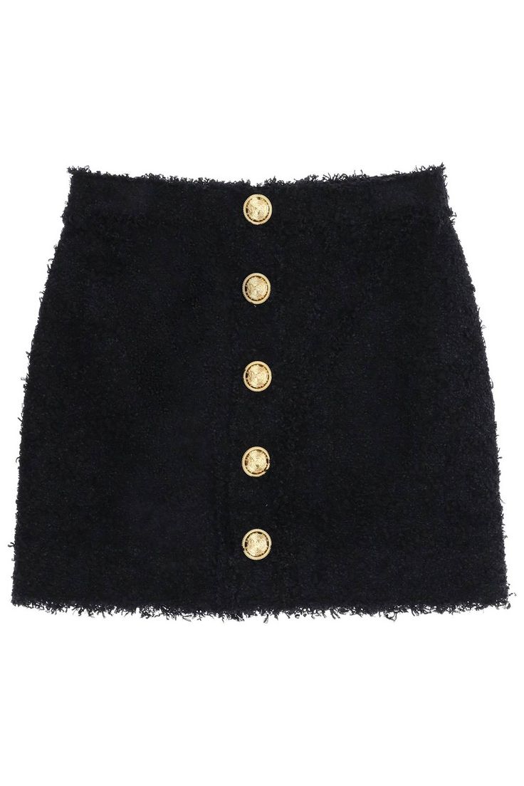 Material:, 100% Polyamide | Balmain Women's Tweed Skirt With Gold Buttons in Black | FW23/24 Chanel Skirt, Womens Tweed, Tweed Mini Skirt, Latest Fashion Design, Tweed Skirt, Black Mini Skirt, Roberto Cavalli, Gold Buttons, Best Brand