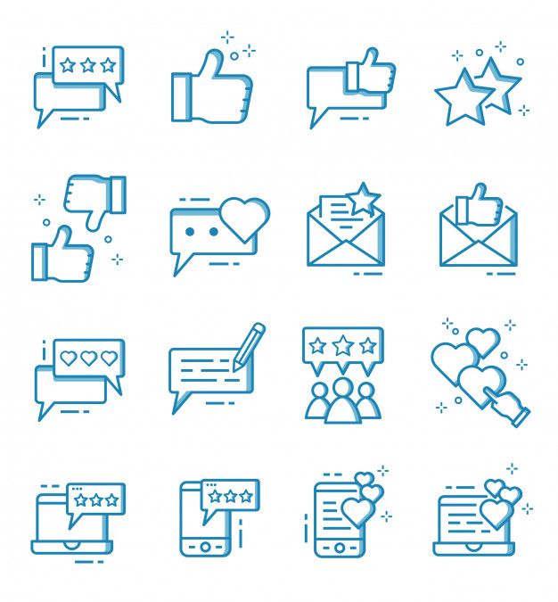 the icons are blue and have hearts, stars, speech bubbles, chat bubbles, handwritten notes