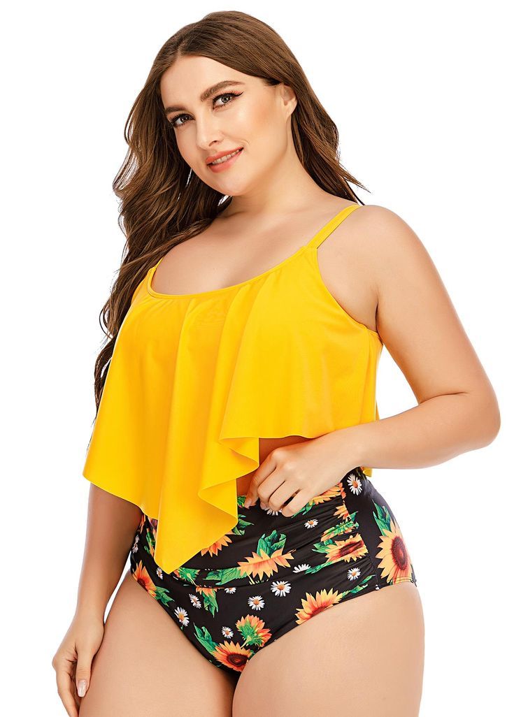 Plus Size Asymmetric Hem Sunflower Print Bikini Set swimsuits bikini sporty, women bikinis swimsuits, wbff bikini suits #bikinitime #startabusiness #vendorlist Plus Size Swimsuit, High Waisted Tankini, Modest Swimsuits, Modest Swimwear, Swimwear Sets, Cute Swimsuits, Swimsuit Set, Plus Size Swimsuits, Print Swimsuit