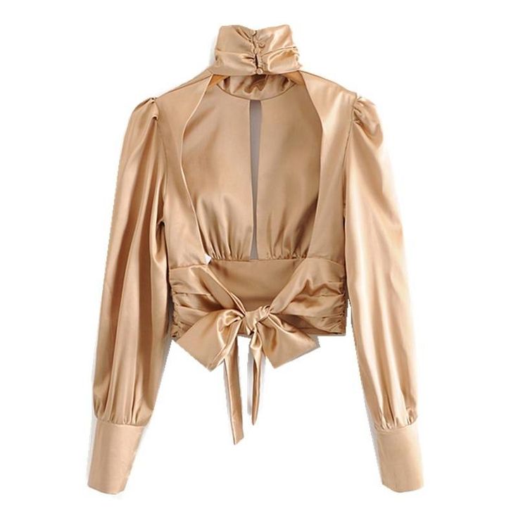 Elegant Apricot Ruched Pleated Slit Backless High Collar Tie Bow Blouse Shirt
Available Size: S M  L 

 S --- Bust : 84cm  Front Length: 46cm  Shoulder: 32cm Sleeve: 67cm

M --- Bust : 90cm  Front Length: 47cm  Shoulder: 33cm  Sleeve: 68cm

L --- Bust : 96cm  Front Length: 48.5cm  Shoulder: 34.5cm  Sleeve: 69.5cm

 1 inches=2.54cm
The size is measured by hand measurement allow 1-3 cm Error please. Backless Turtleneck, Satin Fashion, Backless Top, Bow Blouse, Tie Bow, Tie Styles, Satin Shirt, Fashion Korean, Blouse Shirt