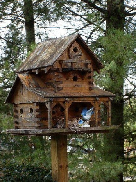 a bird house made out of wood in the woods with birds perched on it's roof