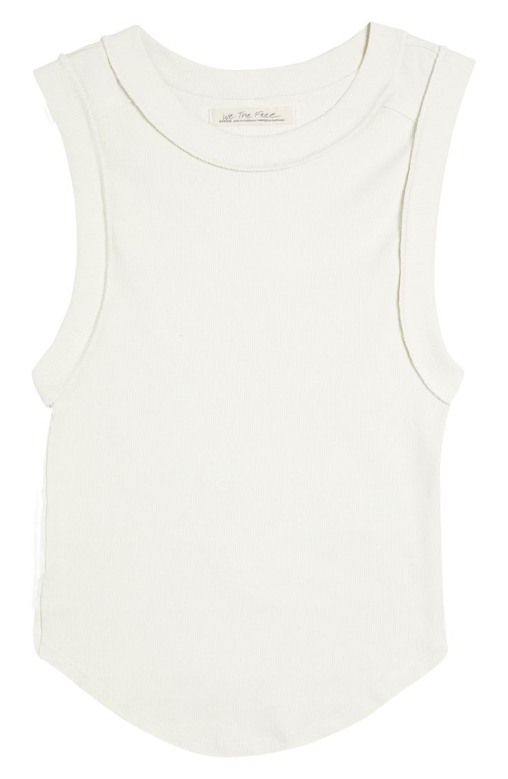 Show off your shoulders in this body-hugging ribbed tank made with a curved hem that looks great untucked. 23 1/2" length (size Medium) Crewneck 94% cotton, 6% spandex or 95% cotton, 5% spandex Machine wash, tumble dry Imported Fitted Ribbed Tank Top With Crew Neck, Ribbed Fitted Crew Neck Tank Top, Casual Ribbed Bodycon Top, Spring Bodycon Scoop Neck Top, Trendy Ribbed Bodycon Top, White Ribbed Top With Tank Straps, Ribbed Bodycon Tops For Summer, Ribbed Bodycon Tank Top, Summer Ribbed Bodycon Tops