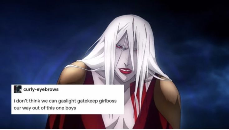 an anime character with long white hair and red eyes is looking at the camera while text reads curly - eyedwos don't think we can gashik