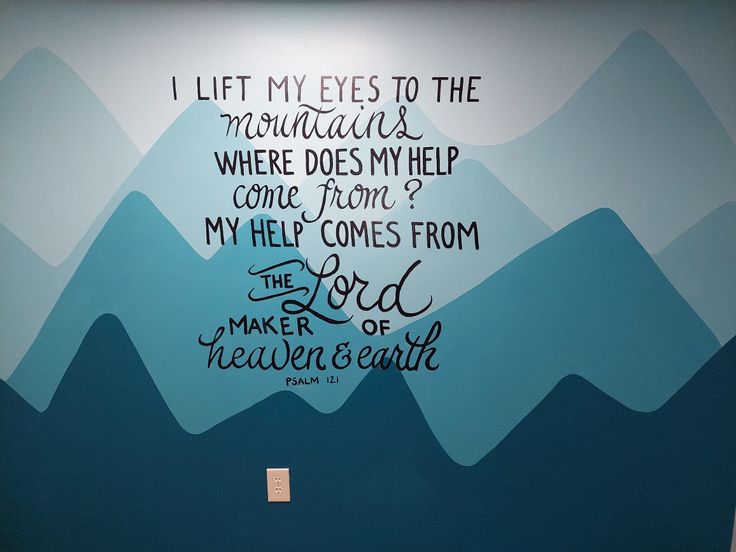 Mountain mural, mural art, painted calligraphy Sunday School Murals Children Church, Sunday School Wall Murals, Childrens Ministry Room Design, Christian Mural Painting, Children’s Ministry Church Decor, Nursery Church Ideas, Children’s Church Room Ideas, Christian Wall Mural, Sunday School Mural