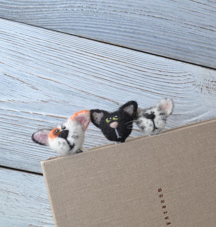 two stuffed cats are peeking out from behind a book on the floor with wood planks in the background