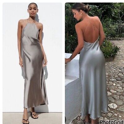 ZARA Open Back Satin Dress  | eBay Chic Satin Maxi Dress, Chic Maxi Length Satin Dress, Chic Spring Wedding Backless Dress, Chic Fitted Satin Summer Dress, Summer Satin Backless Long Dress, Elegant Backless Maxi Dress For Spring, Chic Backless Summer Formal Dress, Summer Long Satin Backless Dress, Chic Summer Formal Backless Dress