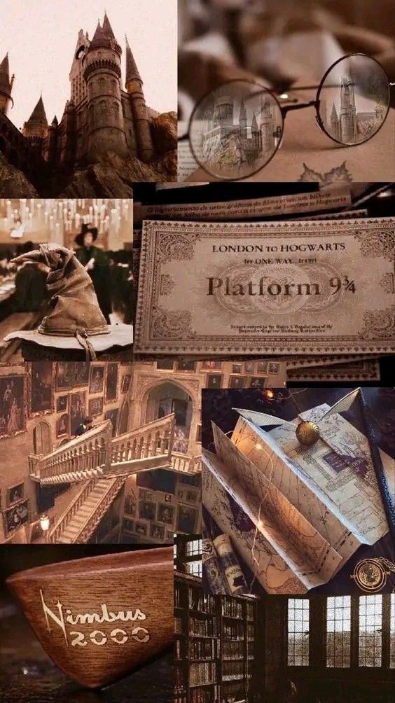 harry potter's hogwarts house collage with glasses, books and other items