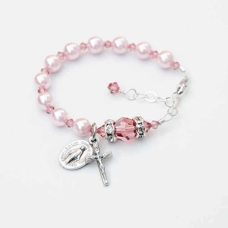 Baby Girl Baptism Rosary Bracelet - Light Pink Pearl and Blush Rose Swarovski Crystal -Personalized Initial - Catholic Christening Gift by RosariesOfLove on Etsy Girls Bracelets, Crystal Rosary, Mini Rosaries, Girl Baptism, Rose Crystal, Pink Pearls, Sterling Silver Initial, Rosary Bracelet