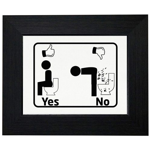 a black and white sign that says yes and no with two people on the toilet