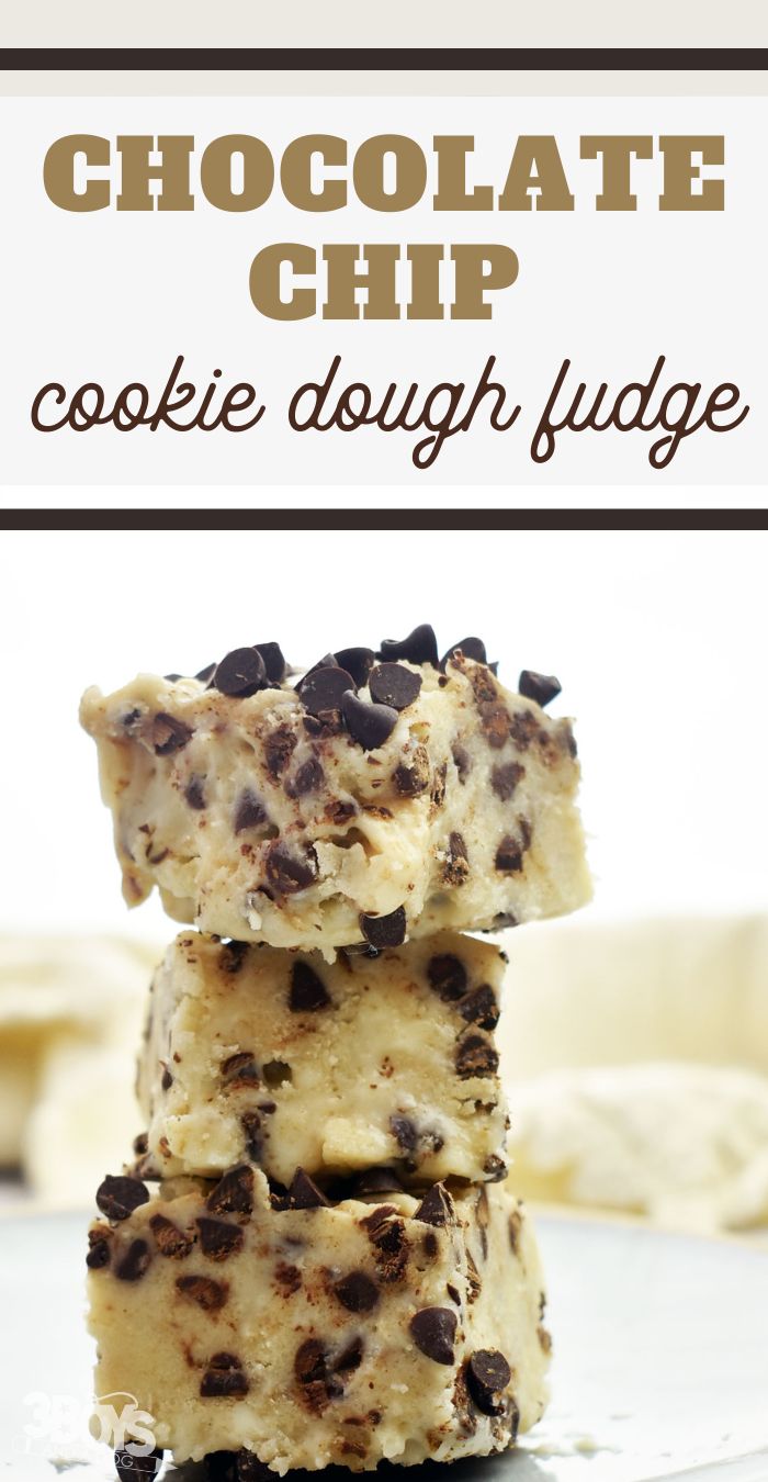 chocolate chip cookie dough fudge stacked on top of each other with text overlay