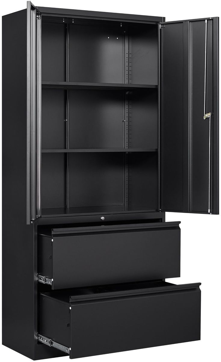 a black cabinet with two drawers and one door open to reveal the bottom section of it