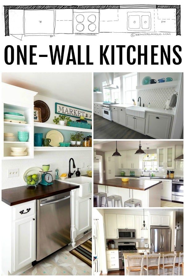 a series of photos showing different types of kitchen cabinets and counter tops with text overlay that reads one - wall kitchens