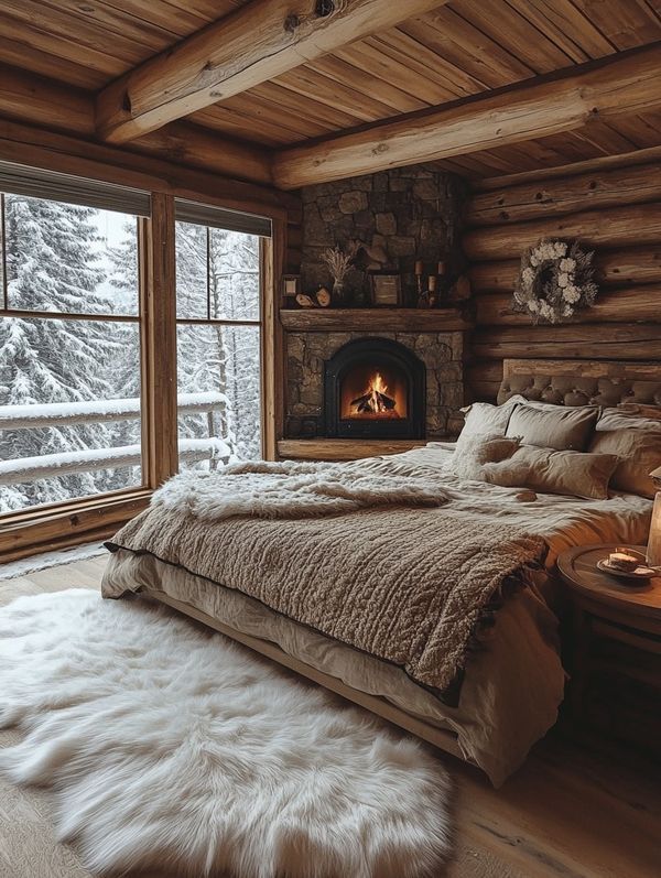 a bedroom with a bed and fireplace in the corner, surrounded by wood paneled walls