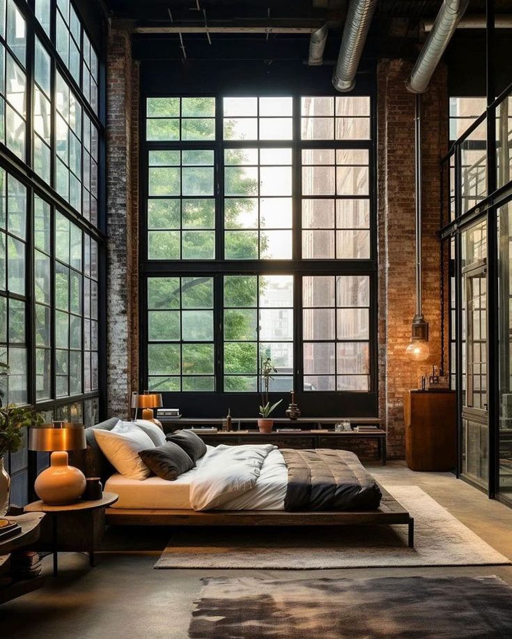 a bedroom with large windows and a bed in the middle, surrounded by rugs