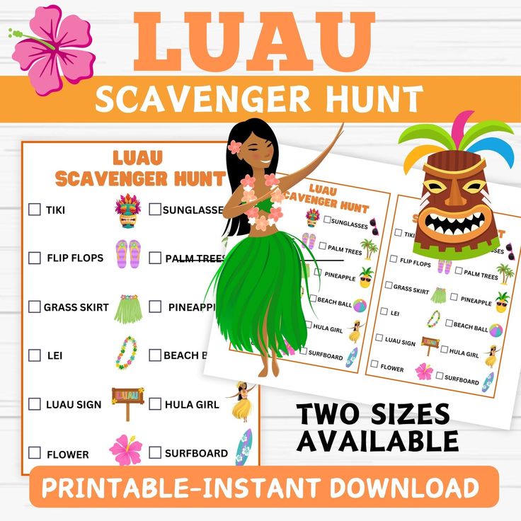 the luau scavenger hunt printable is shown in two sizes and includes an image