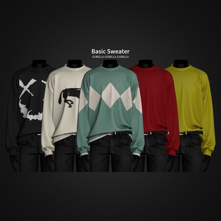 four different colored sweaters on mannequins in front of a black background