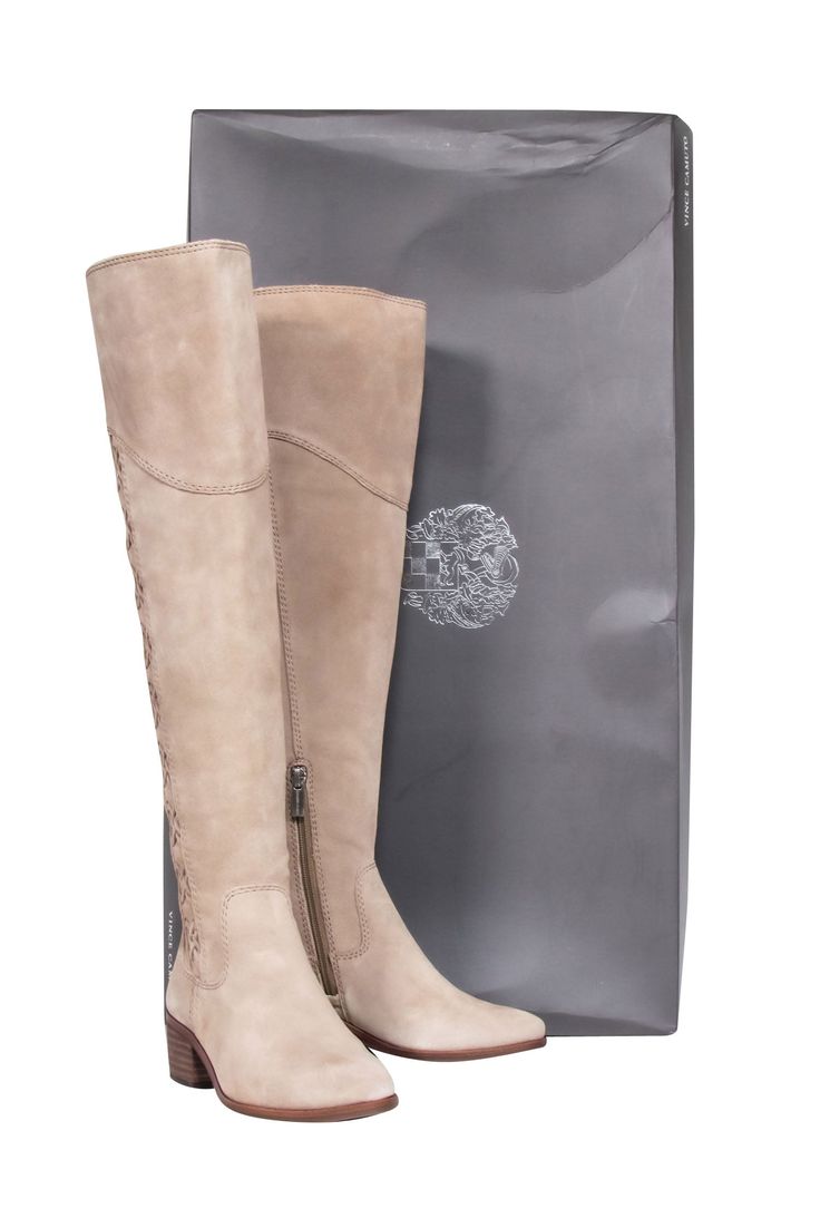 Current Boutique-Vince Camuto - Taupe Suede Tall Boot Sz 4.5 Wide Calf Suede Knee-high Boots, Fall Suede Boots For Walking, Suede Boots For Fall Walking, Casual Fitted Platform Boots With Reinforced Heel, High Ankle Boots For Walking In Fall, Fall Walking Boots With High Ankle, High Ankle Walking Boots For Fall, Casual Mid-calf Boots With Almond Toe, Knee-high Suede Boots For Spring