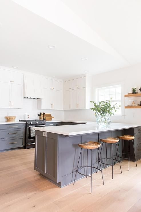 a kitchen with two stools in front of an island