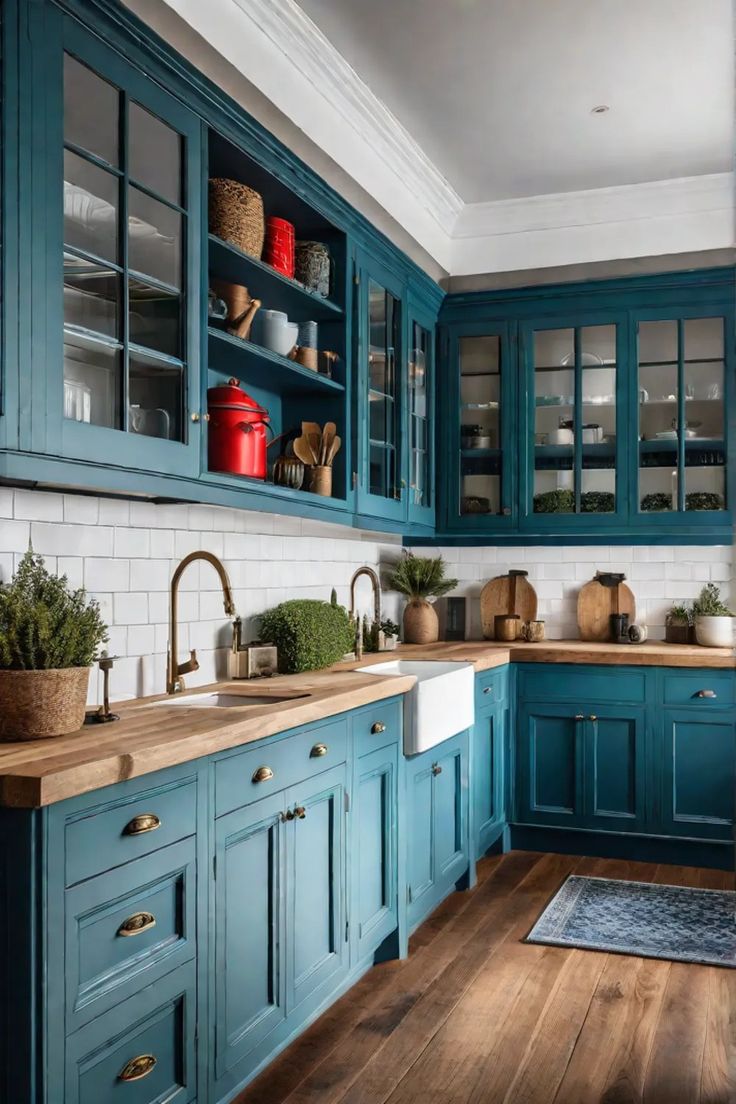 a kitchen with blue cabinets and wooden floors