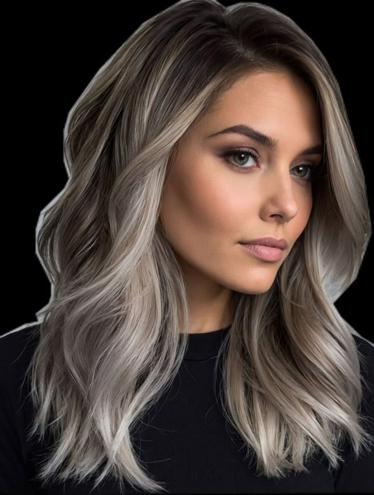 Blended Ash Blonde Balayage, Ashy Toned Hair, Light Ash Balayage On Dark Hair, Mushroom Blonde Balayage Dark Roots, Icy Brunette Hair, Hair Color For Dark Roots, Balayage Hair Cool Tone, Cool Toned Dark Blonde Hair, Icy Blonde Balayage Brunettes