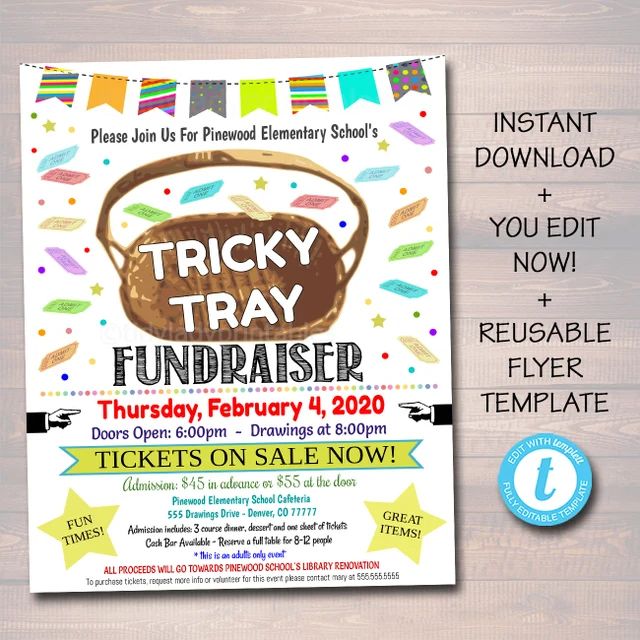 the tricky tray fundraiser flyer is displayed on a wooden background with colorful streamers and confetti