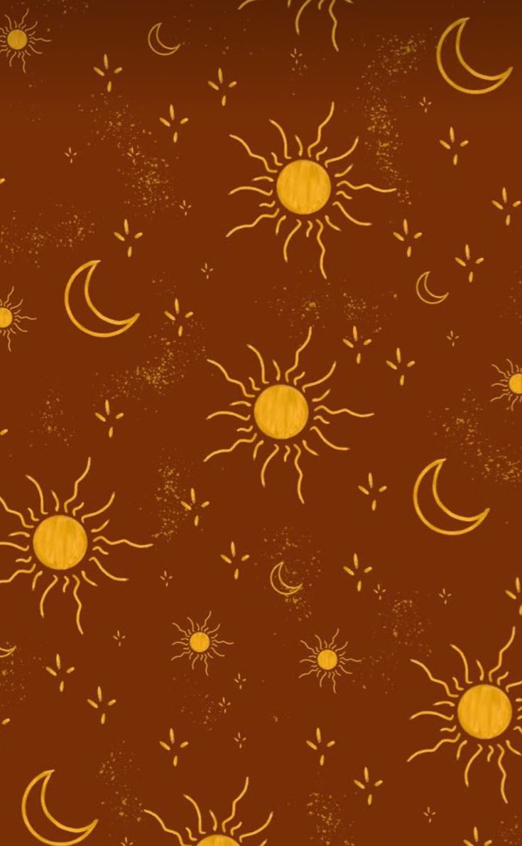 the sun, moon and stars are drawn in yellow on an orange background with white dots