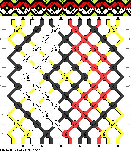 the pattern is shown in green, yellow and orange with an arrow on each side