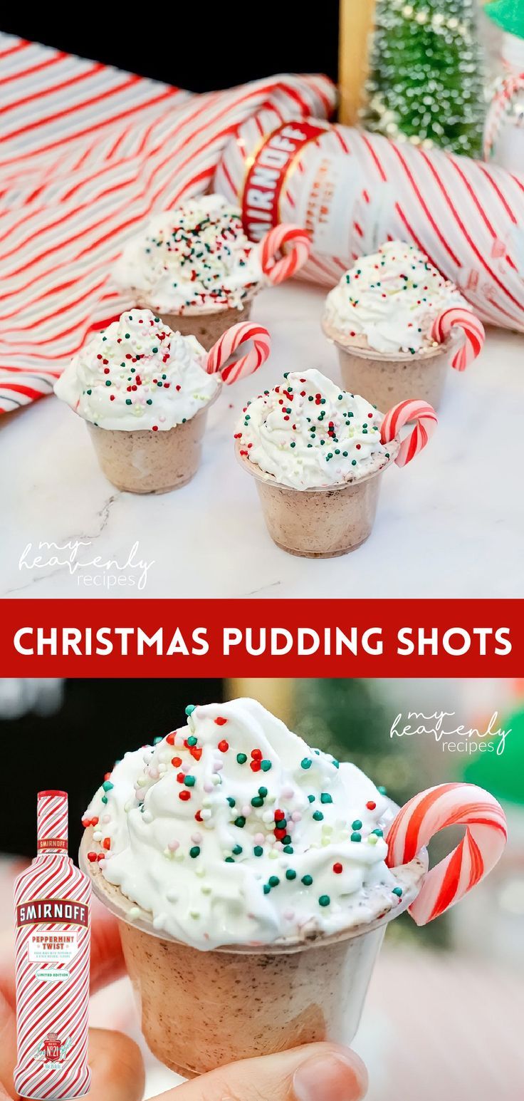 christmas pudding shots with candy canes and peppermint on the top, in a cupcake