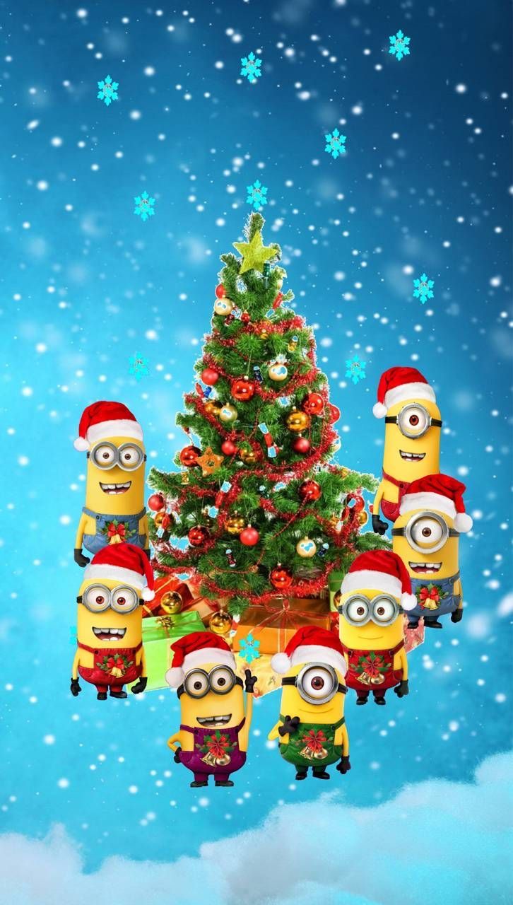 a christmas tree with minion characters around it